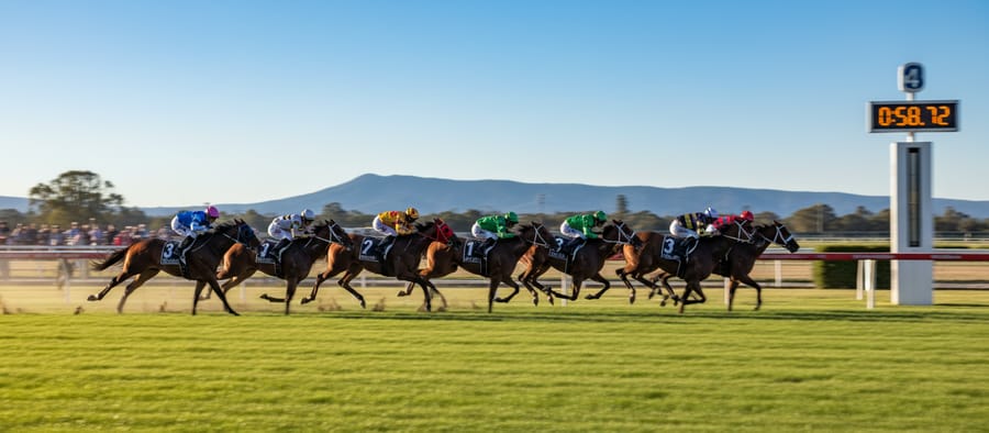 Thoroughbreds at full gallop on an Australian track
